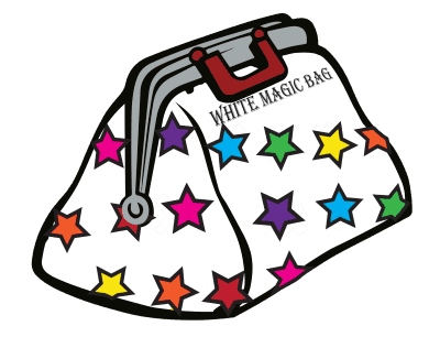 Illustration of a white bag with colorful stars and text 'White Magic Bag' on it.